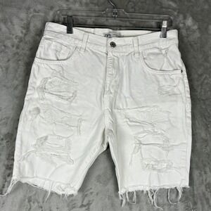 Zara Mens Distressed Denim Shorts White Ripped Raw Hem Size 31